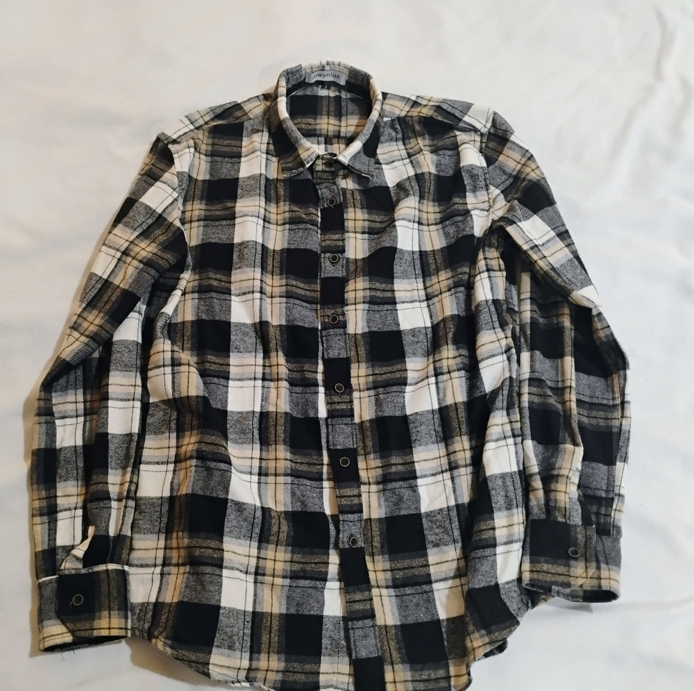 Men's Plaid Button Down Shirt in Black, White, and Tan